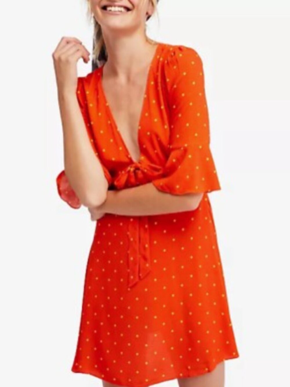 Free People All Yours Polka Dot Dress Orange Size Large Tie Front Bell Sleeve